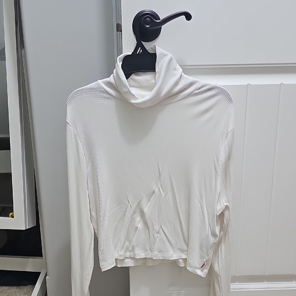 Levi's Womans White Ribbed Tutleneck Xl Knit Cropped Top